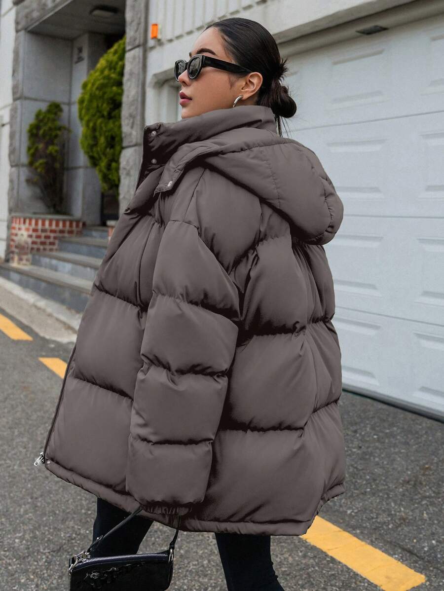 DAZY Women's Zipper Stand Collar Hooded Padded Coat, Ladies Winter Casual Button Front, Pocket, Zipper Regular Sleeve Hooded Oversized Coffee Brown Plain Women Padded Coats, Winter Warmth/ Winter Fashion ,Winter Women Clothes,Winter Coat Women Jacket