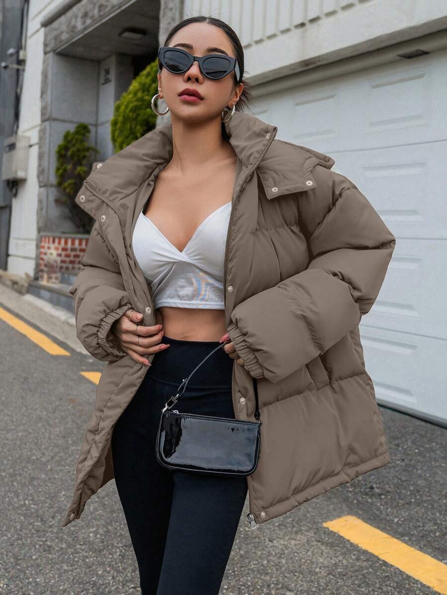 DAZY Women's Zipper Stand Collar Hooded Padded Coat, Ladies Winter Casual Button Front, Pocket, Zipper Regular Sleeve Hooded Oversized Coffee Brown Plain Women Padded Coats, Winter Warmth/ Winter Fashion ,Winter Women Clothes,Winter Coat Women Jacket