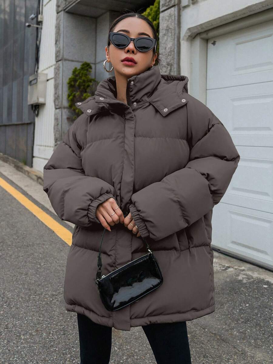 DAZY Women's Zipper Stand Collar Hooded Padded Coat, Ladies Winter Casual Button Front, Pocket, Zipper Regular Sleeve Hooded Oversized Coffee Brown Plain Women Padded Coats, Winter Warmth/ Winter Fashion ,Winter Women Clothes,Winter Coat Women Jacket