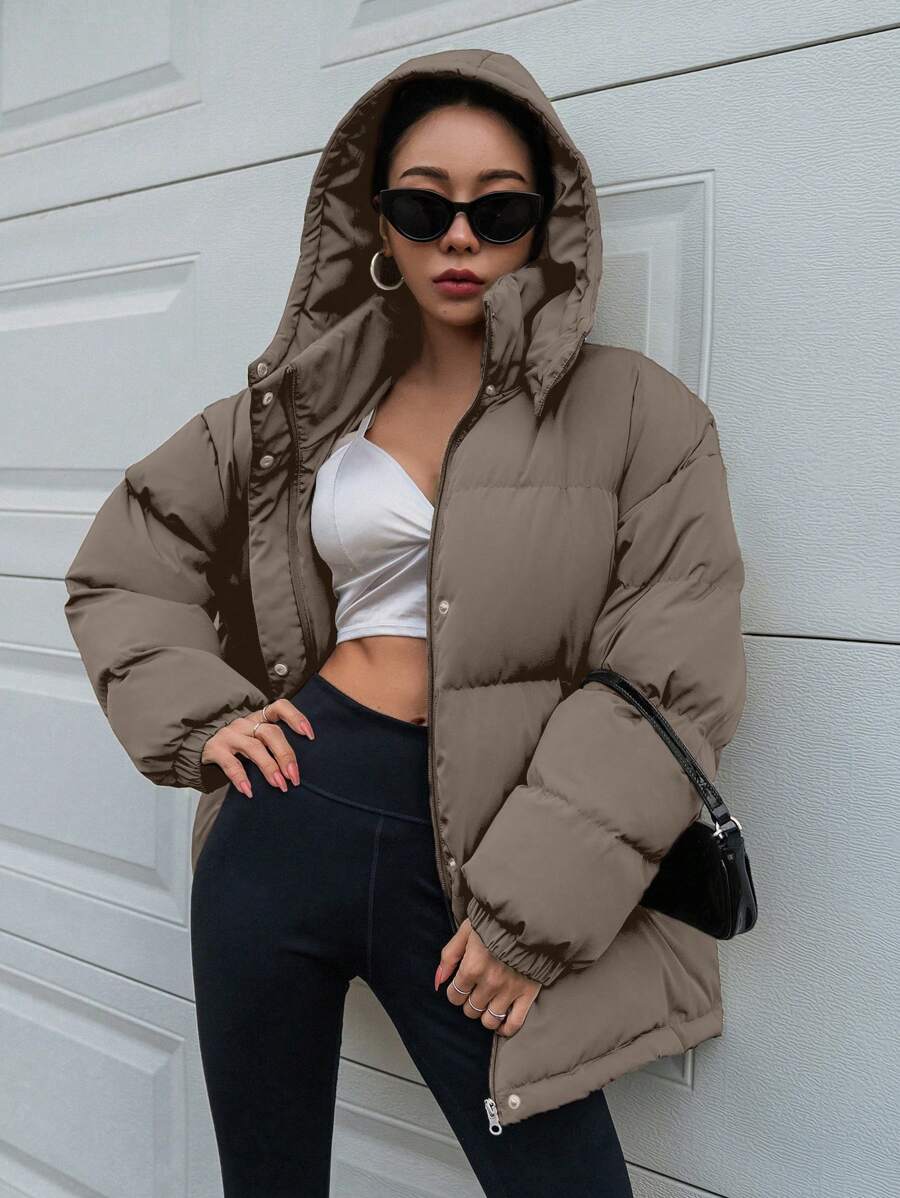 DAZY Women's Zipper Stand Collar Hooded Padded Coat, Ladies Winter Casual Button Front, Pocket, Zipper Regular Sleeve Hooded Oversized Coffee Brown Plain Women Padded Coats, Winter Warmth/ Winter Fashion ,Winter Women Clothes,Winter Coat Women Jacket