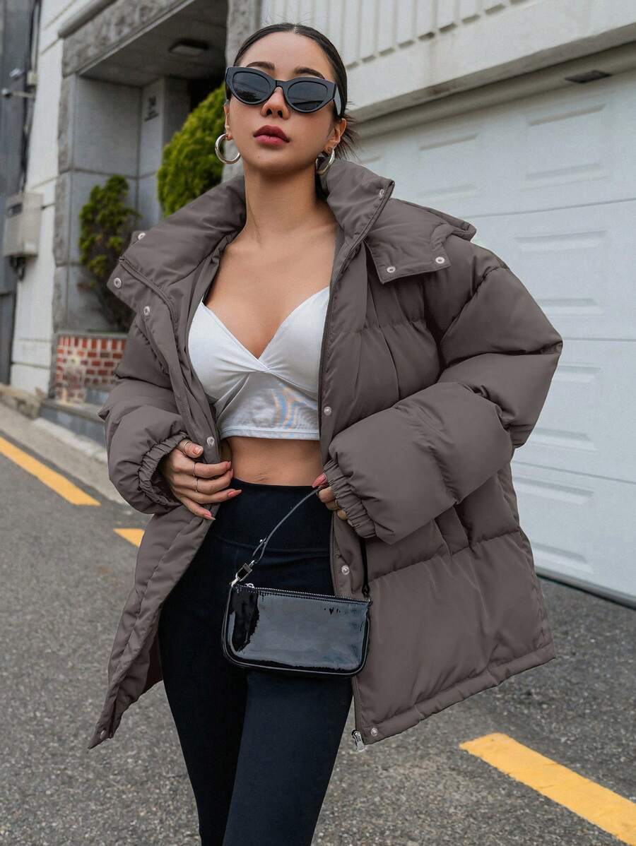 DAZY Women's Zipper Stand Collar Hooded Padded Coat, Ladies Winter Casual Button Front, Pocket, Zipper Regular Sleeve Hooded Oversized Coffee Brown Plain Women Padded Coats, Winter Warmth/ Winter Fashion ,Winter Women Clothes,Winter Coat Women Jacket