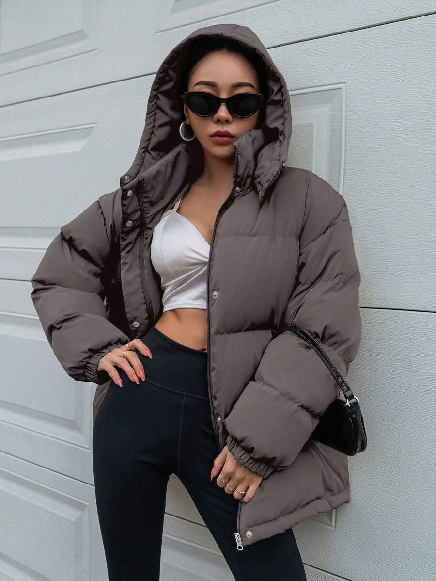 DAZY Women's Zipper Stand Collar Hooded Padded Coat, Ladies Winter Casual Button Front, Pocket, Zipper Regular Sleeve Hooded Oversized Coffee Brown Plain Women Padded Coats, Winter Warmth/ Winter Fashion ,Winter Women Clothes,Winter Coat Women Jacket