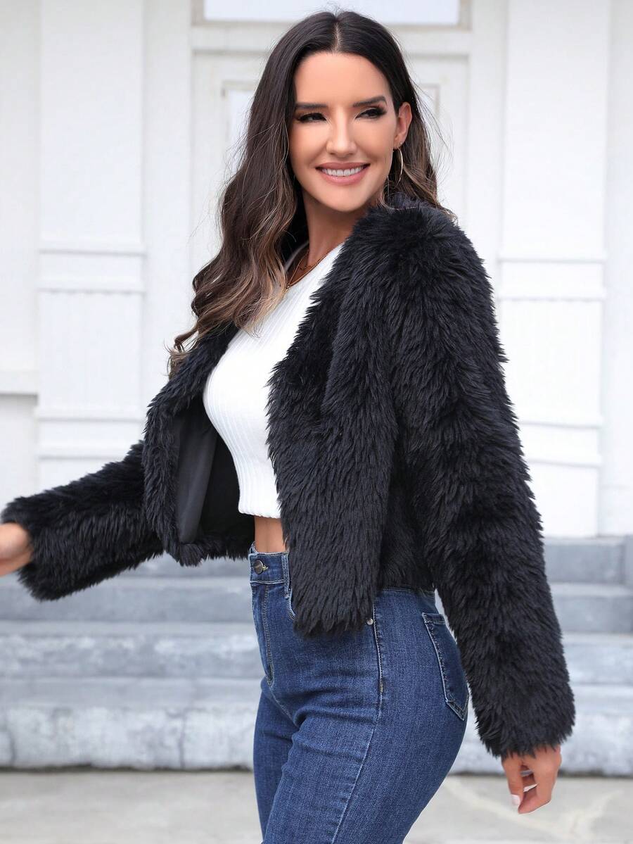 Women's Solid Color Faux Fur Jacket, Fashionable For Autumn/Winter