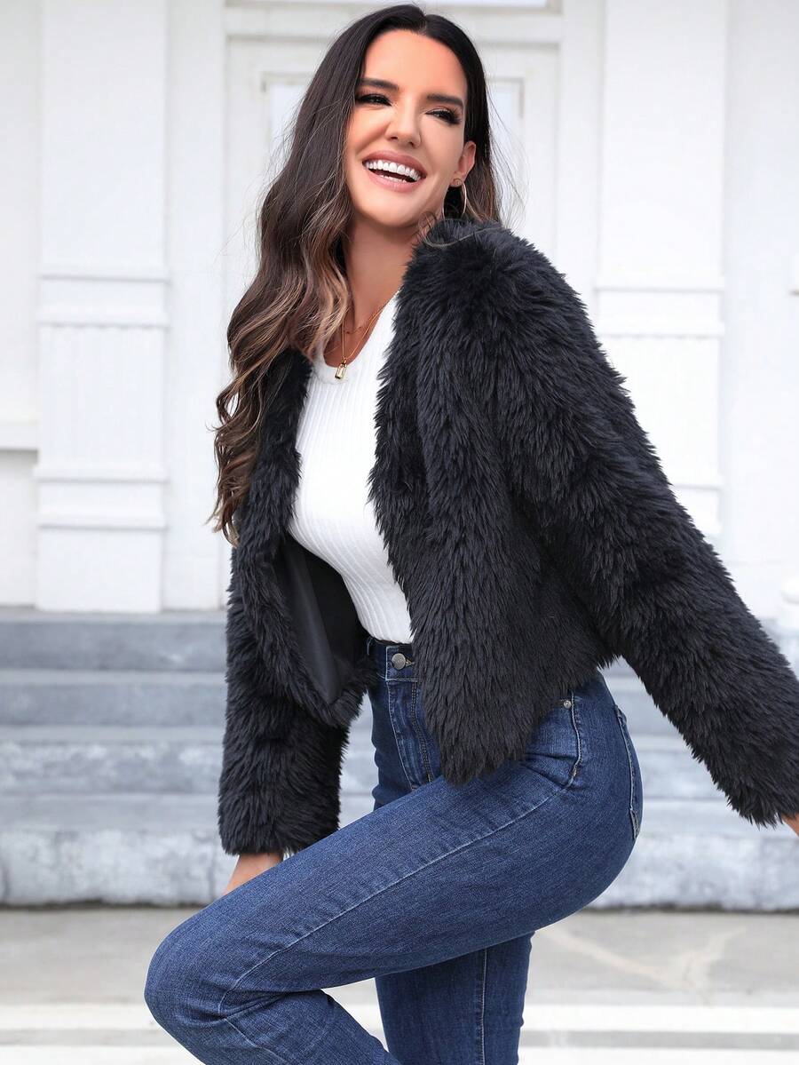 Women's Solid Color Faux Fur Jacket, Fashionable For Autumn/Winter