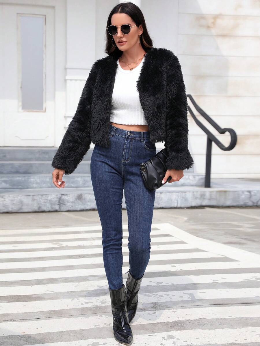Women's Solid Color Faux Fur Jacket, Fashionable For Autumn/Winter