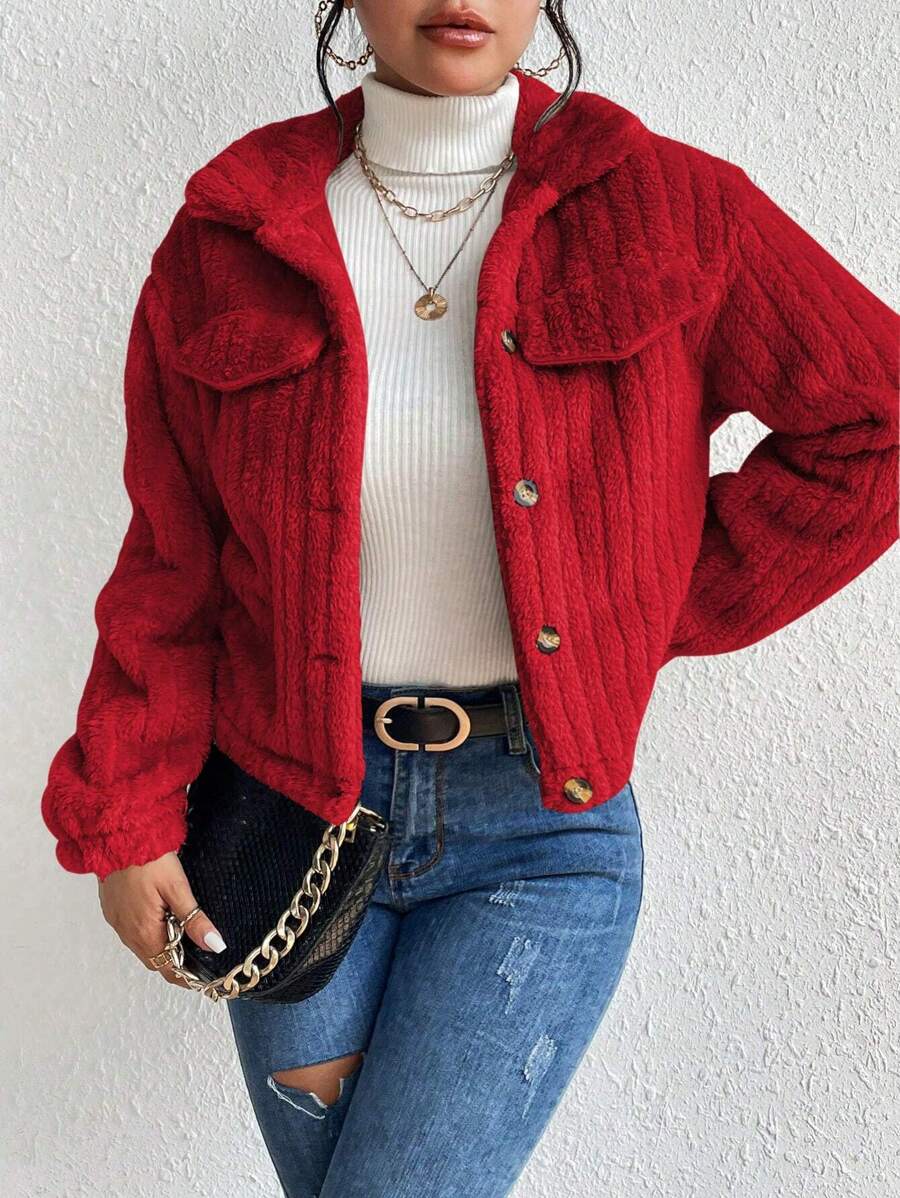 EMERY ROSE Flap Detail Fluffy Jacket Fall Winter Cloth For Women