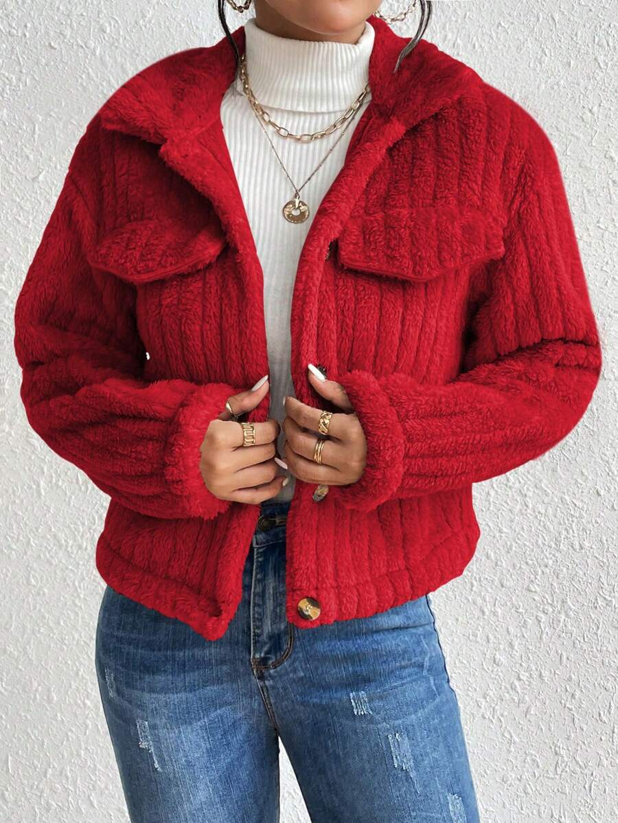 EMERY ROSE Flap Detail Fluffy Jacket Fall Winter Cloth For Women