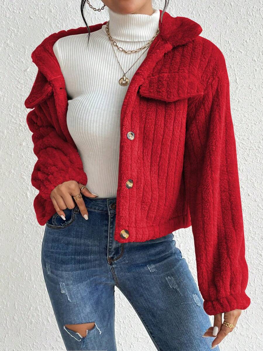 EMERY ROSE Flap Detail Fluffy Jacket Fall Winter Cloth For Women