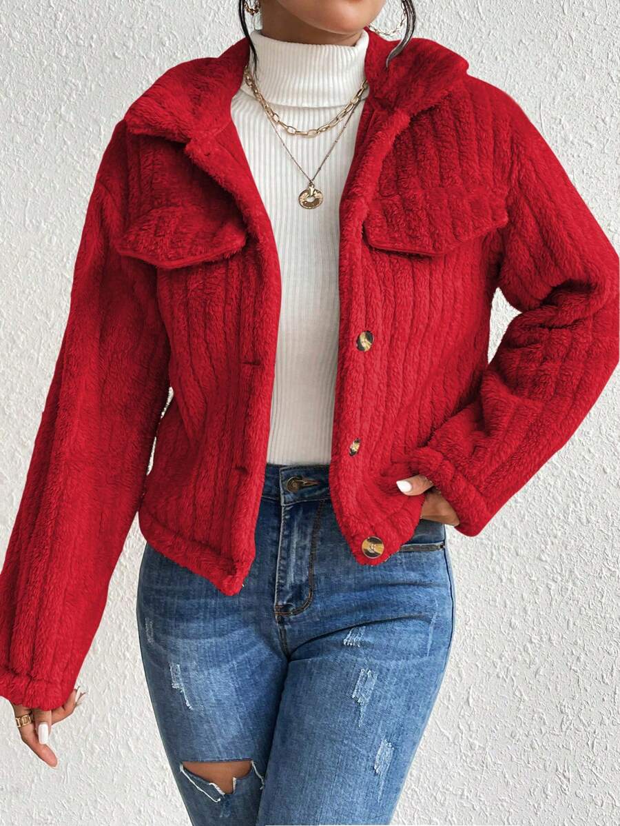 EMERY ROSE Flap Detail Fluffy Jacket Fall Winter Cloth For Women