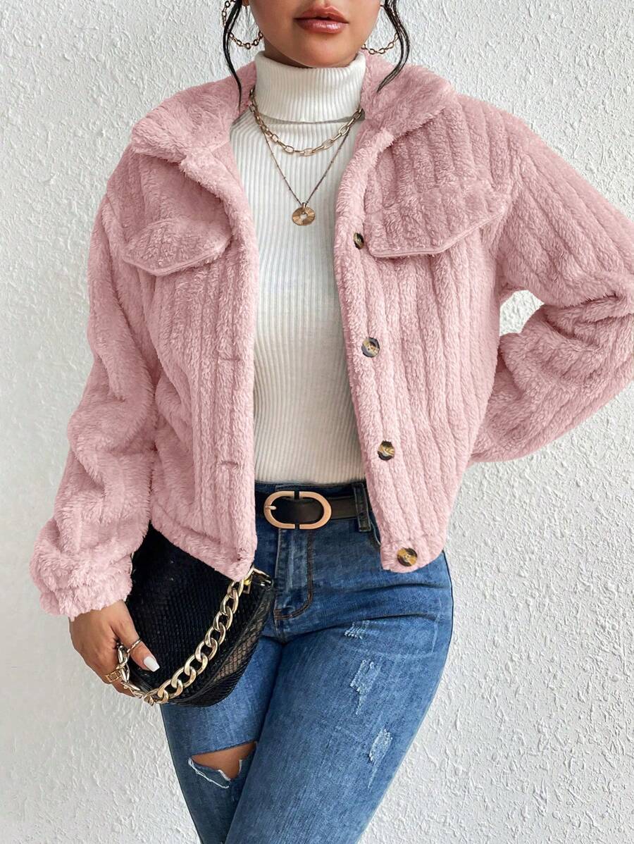EMERY ROSE Flap Detail Fluffy Jacket Fall Winter Cloth For Women