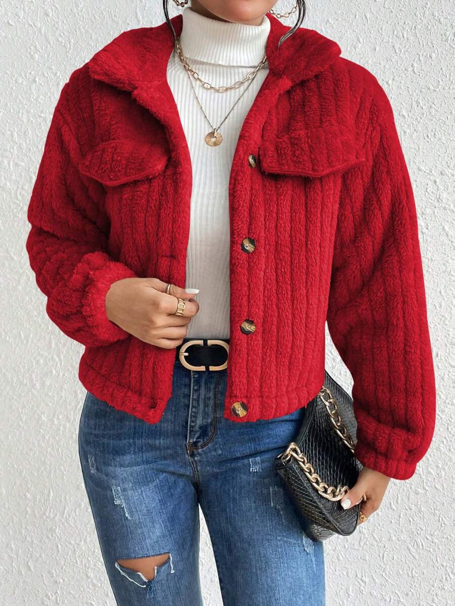 EMERY ROSE Flap Detail Fluffy Jacket Fall Winter Cloth For Women