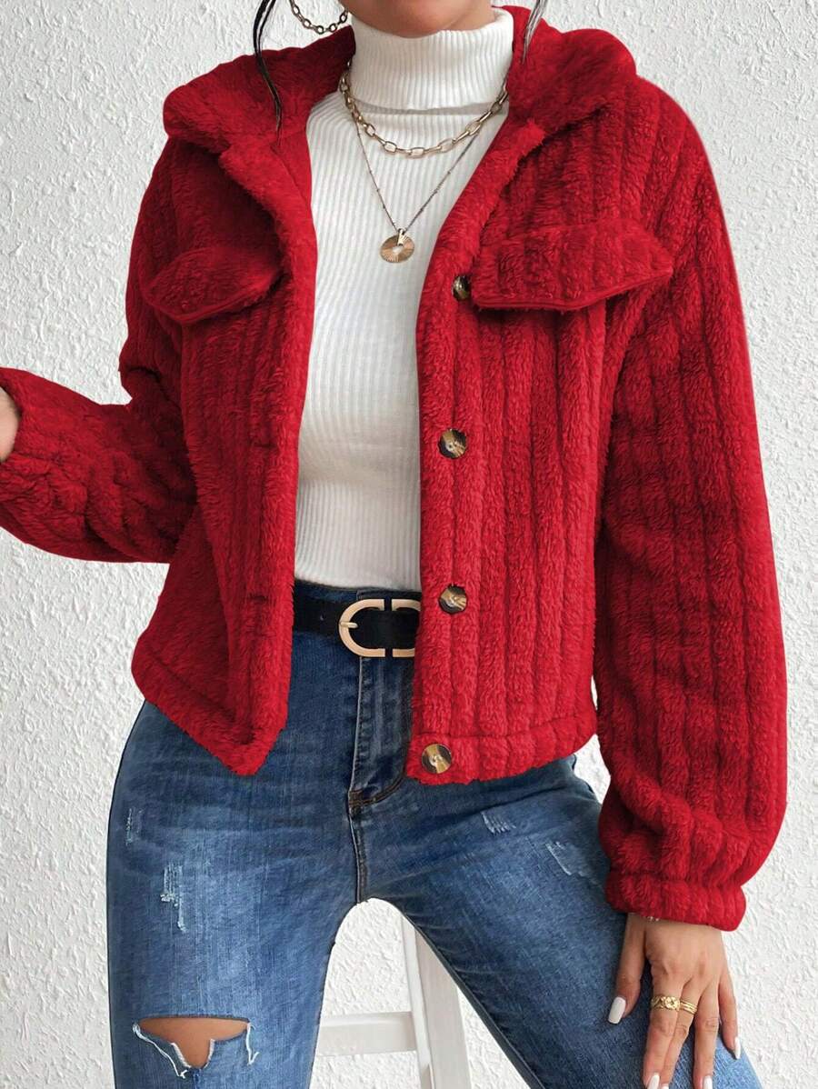 EMERY ROSE Flap Detail Fluffy Jacket Fall Winter Cloth For Women