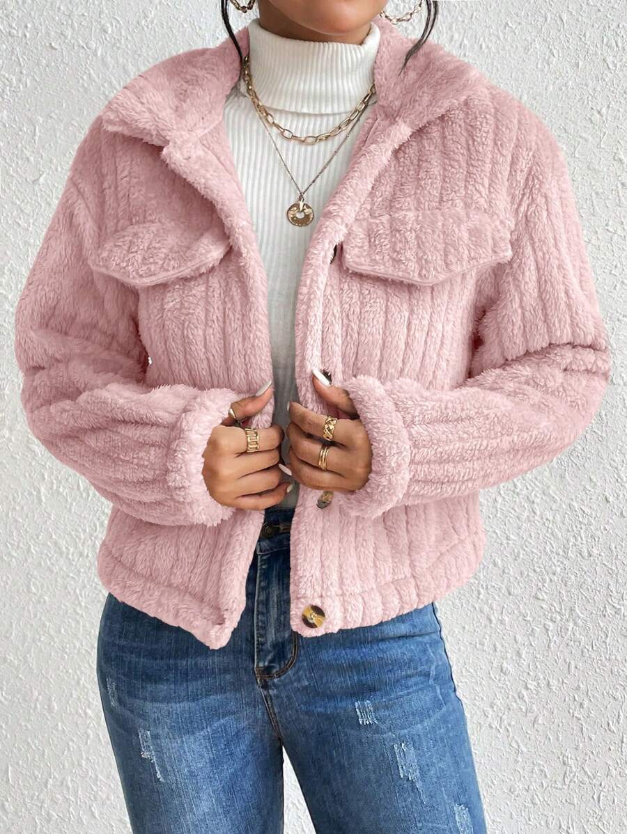 EMERY ROSE Flap Detail Fluffy Jacket Fall Winter Cloth For Women