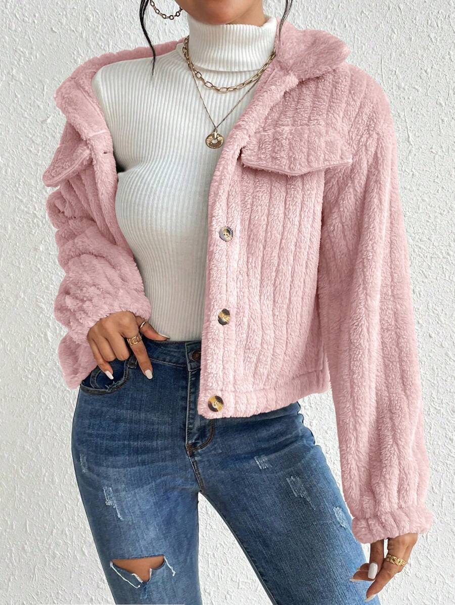 EMERY ROSE Flap Detail Fluffy Jacket Fall Winter Cloth For Women