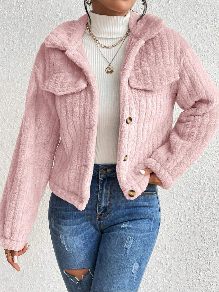 EMERY ROSE Flap Detail Fluffy Jacket Fall Winter Cloth For Women