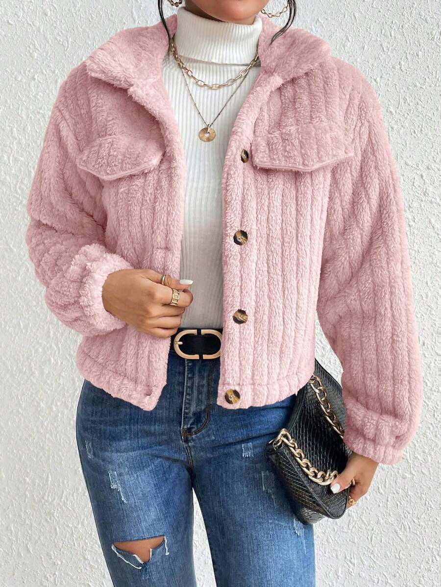 EMERY ROSE Flap Detail Fluffy Jacket Fall Winter Cloth For Women