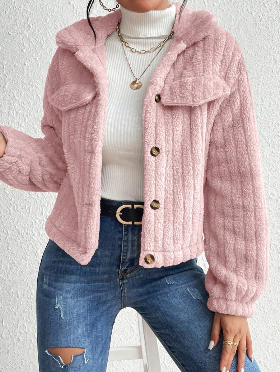 EMERY ROSE Flap Detail Fluffy Jacket Fall Winter Cloth For Women