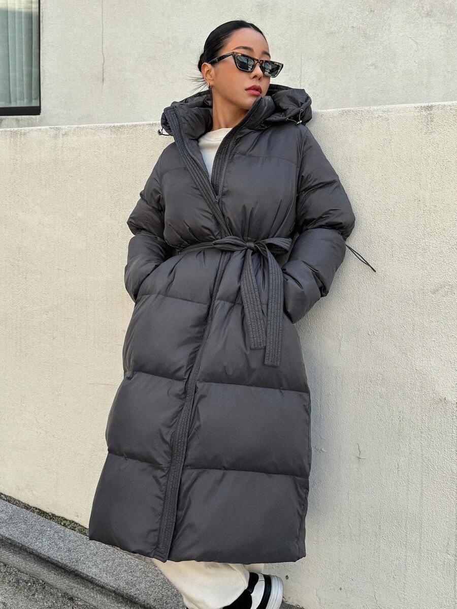 DAZY Women's Zippered Hooded Padded Coat With Belted Waist, Ladies Winter Casual Belted, Pocket, Zipper Regular Sleeve Hooded Regular Fit Mocha Brown Plain Women Padded Coats, Winter Warmth/ Winter Fashion ,Winter Women Clothes,Winter Coat Women