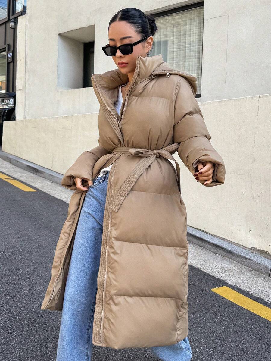 DAZY Women's Zippered Hooded Padded Coat With Belted Waist, Ladies Winter Casual Belted, Pocket, Zipper Regular Sleeve Hooded Regular Fit Mocha Brown Plain Women Padded Coats, Winter Warmth/ Winter Fashion ,Winter Women Clothes,Winter Coat Women