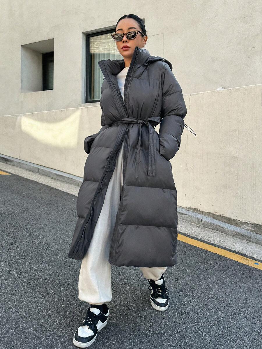 DAZY Women's Zippered Hooded Padded Coat With Belted Waist, Ladies Winter Casual Belted, Pocket, Zipper Regular Sleeve Hooded Regular Fit Mocha Brown Plain Women Padded Coats, Winter Warmth/ Winter Fashion ,Winter Women Clothes,Winter Coat Women