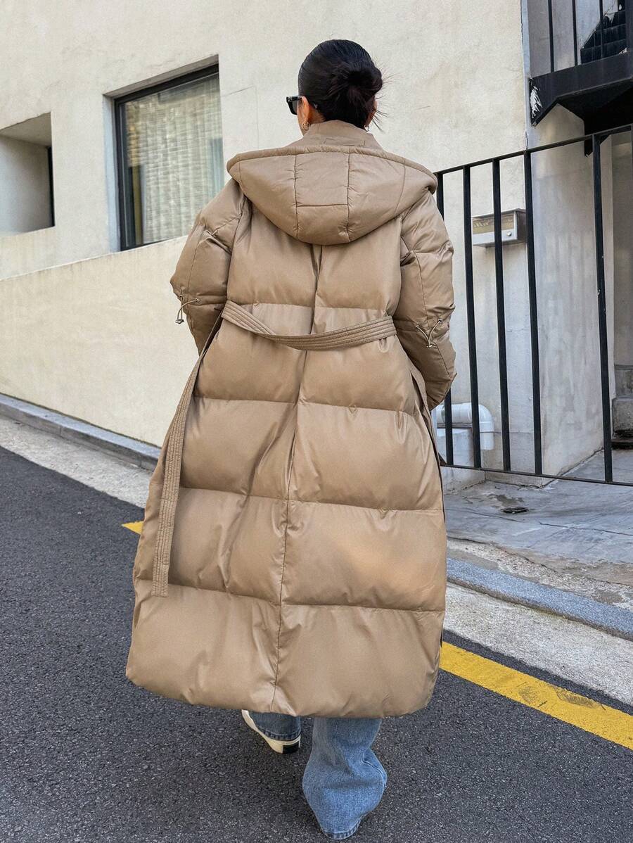 DAZY Women's Zippered Hooded Padded Coat With Belted Waist, Ladies Winter Casual Belted, Pocket, Zipper Regular Sleeve Hooded Regular Fit Mocha Brown Plain Women Padded Coats, Winter Warmth/ Winter Fashion ,Winter Women Clothes,Winter Coat Women