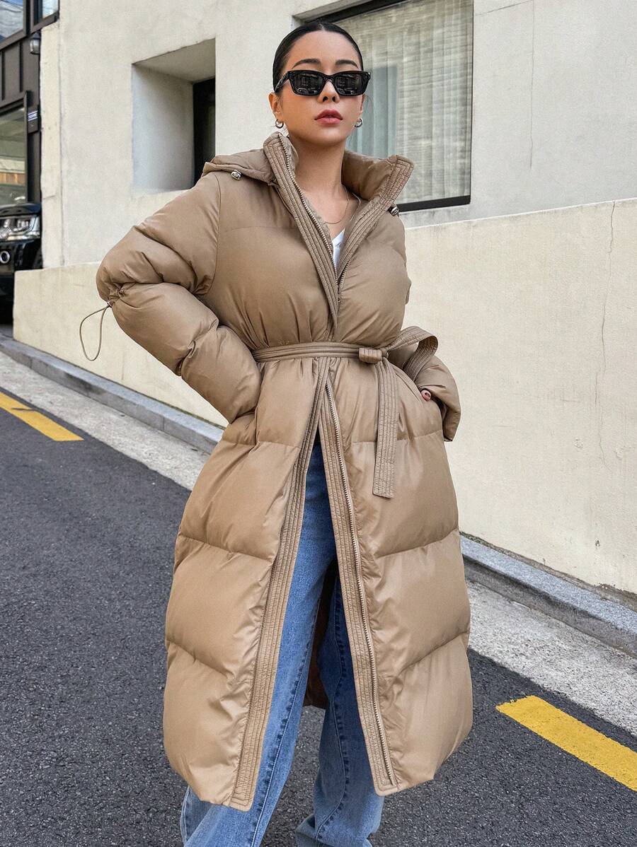 DAZY Women's Zippered Hooded Padded Coat With Belted Waist, Ladies Winter Casual Belted, Pocket, Zipper Regular Sleeve Hooded Regular Fit Mocha Brown Plain Women Padded Coats, Winter Warmth/ Winter Fashion ,Winter Women Clothes,Winter Coat Women