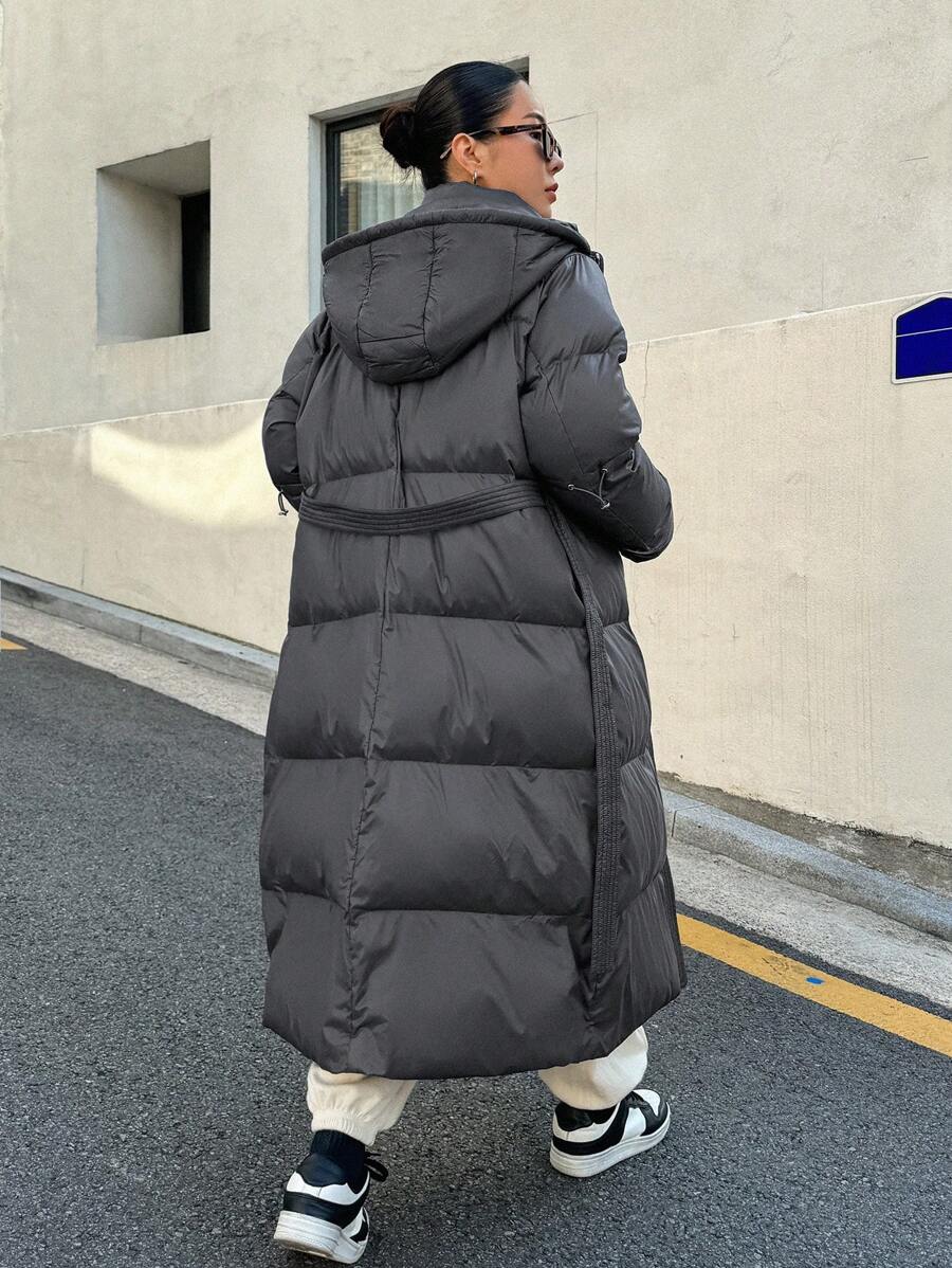 DAZY Women's Zippered Hooded Padded Coat With Belted Waist, Ladies Winter Casual Belted, Pocket, Zipper Regular Sleeve Hooded Regular Fit Mocha Brown Plain Women Padded Coats, Winter Warmth/ Winter Fashion ,Winter Women Clothes,Winter Coat Women