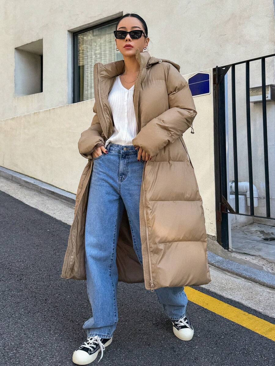 DAZY Women's Zippered Hooded Padded Coat With Belted Waist, Ladies Winter Casual Belted, Pocket, Zipper Regular Sleeve Hooded Regular Fit Mocha Brown Plain Women Padded Coats, Winter Warmth/ Winter Fashion ,Winter Women Clothes,Winter Coat Women