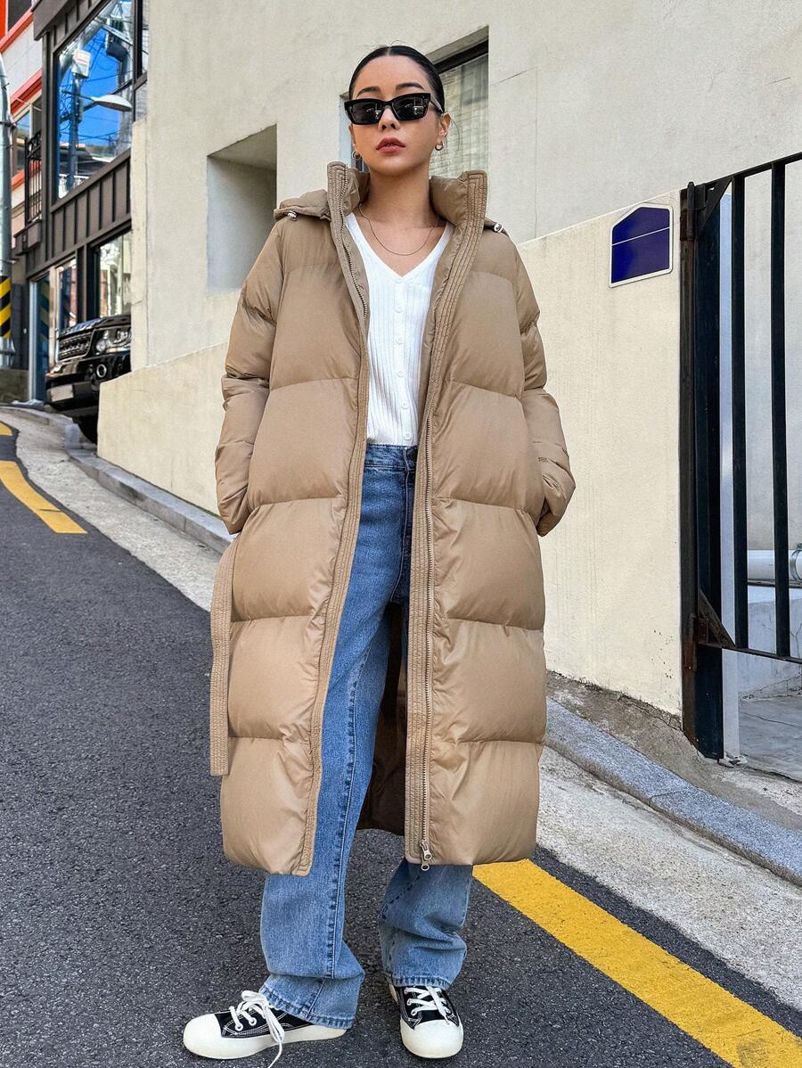 DAZY Women's Zippered Hooded Padded Coat With Belted Waist, Ladies Winter Casual Belted, Pocket, Zipper Regular Sleeve Hooded Regular Fit Mocha Brown Plain Women Padded Coats, Winter Warmth/ Winter Fashion ,Winter Women Clothes,Winter Coat Women