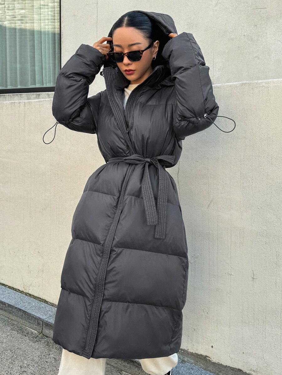 DAZY Women's Zippered Hooded Padded Coat With Belted Waist, Ladies Winter Casual Belted, Pocket, Zipper Regular Sleeve Hooded Regular Fit Mocha Brown Plain Women Padded Coats, Winter Warmth/ Winter Fashion ,Winter Women Clothes,Winter Coat Women
