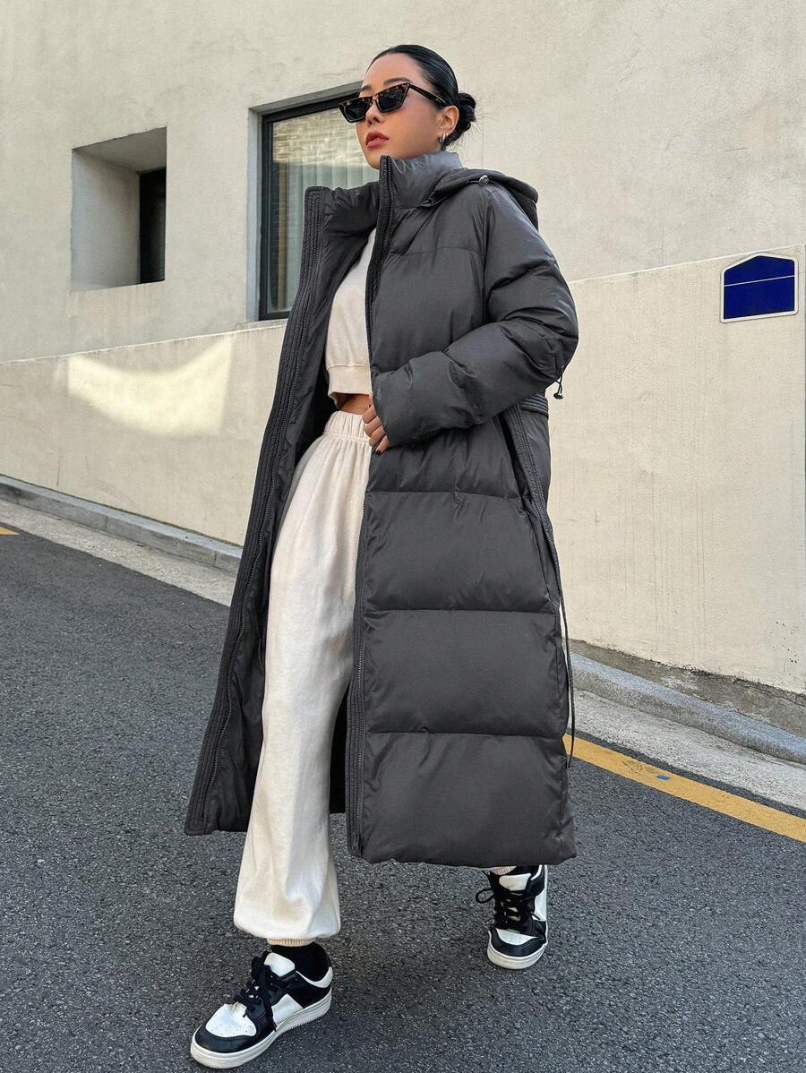 DAZY Women's Zippered Hooded Padded Coat With Belted Waist, Ladies Winter Casual Belted, Pocket, Zipper Regular Sleeve Hooded Regular Fit Mocha Brown Plain Women Padded Coats, Winter Warmth/ Winter Fashion ,Winter Women Clothes,Winter Coat Women