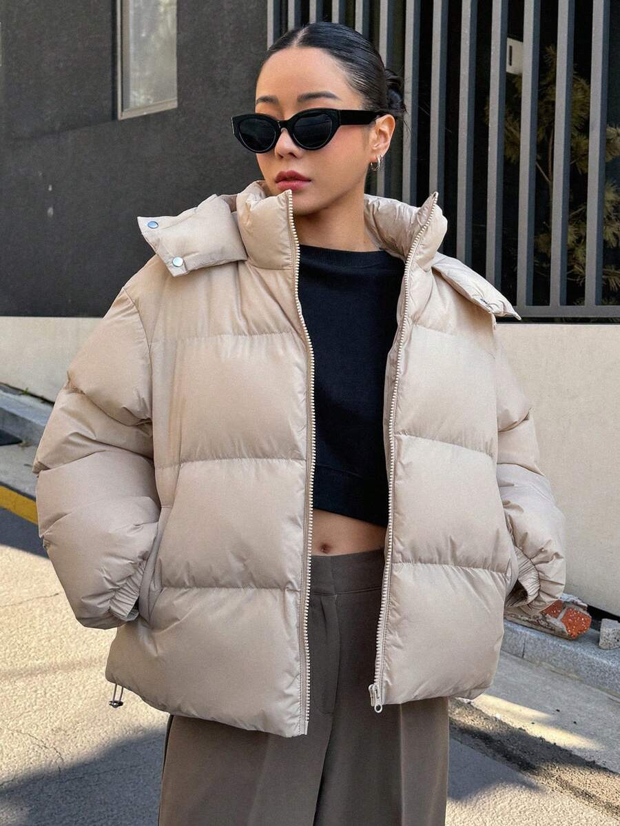 DAZY Women's Solid Color Long Sleeve Zipper Front Casual Hooded Winter Jacket