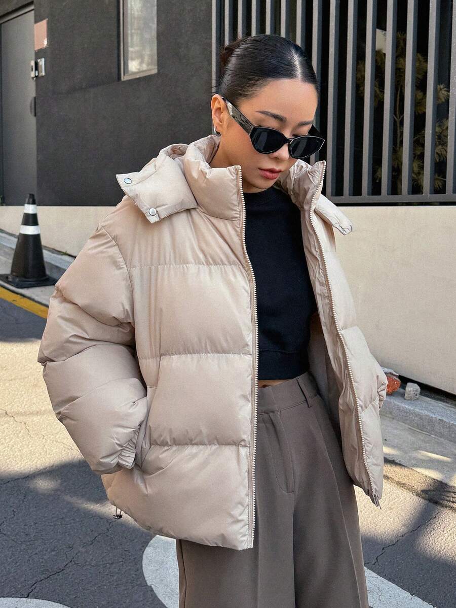 DAZY Women's Solid Color Long Sleeve Zipper Front Casual Hooded Winter Jacket