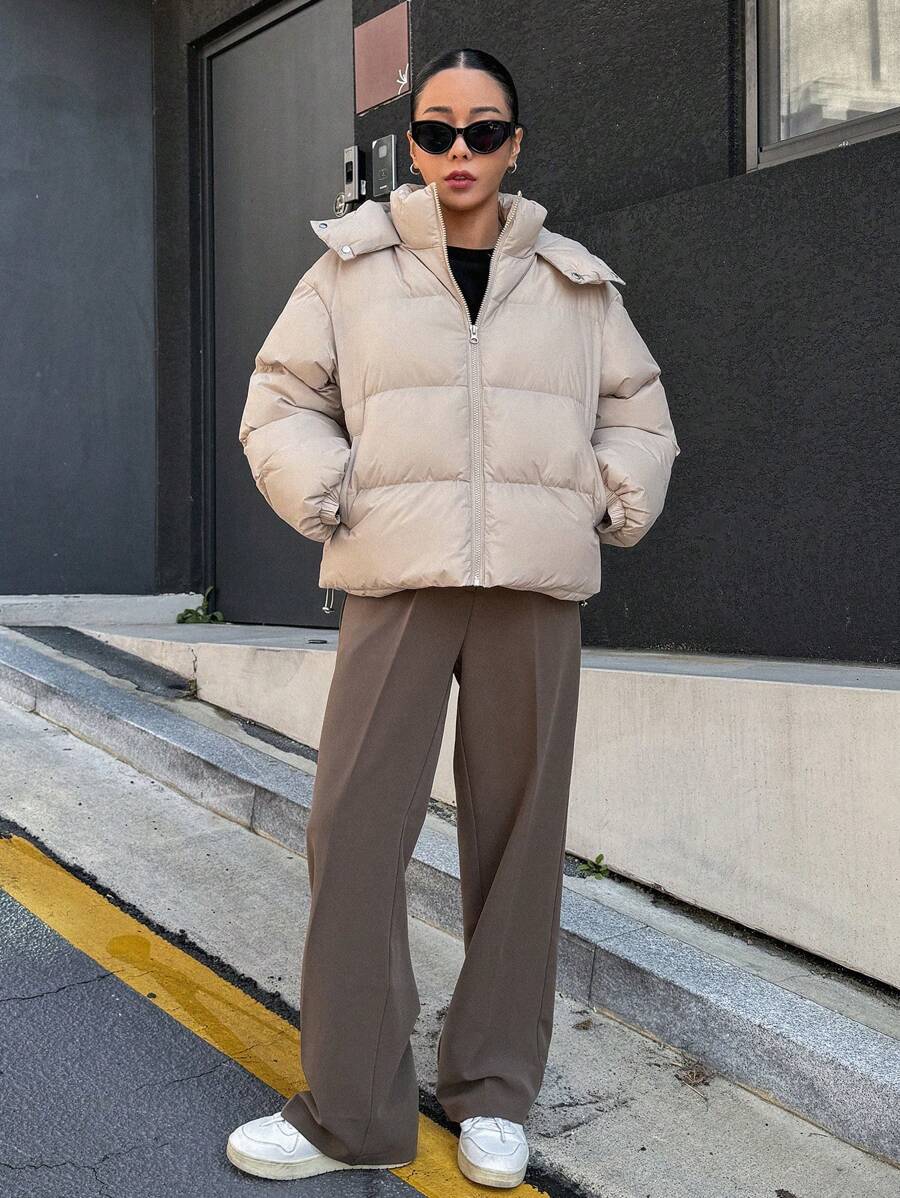 DAZY Women's Solid Color Long Sleeve Zipper Front Casual Hooded Winter Jacket