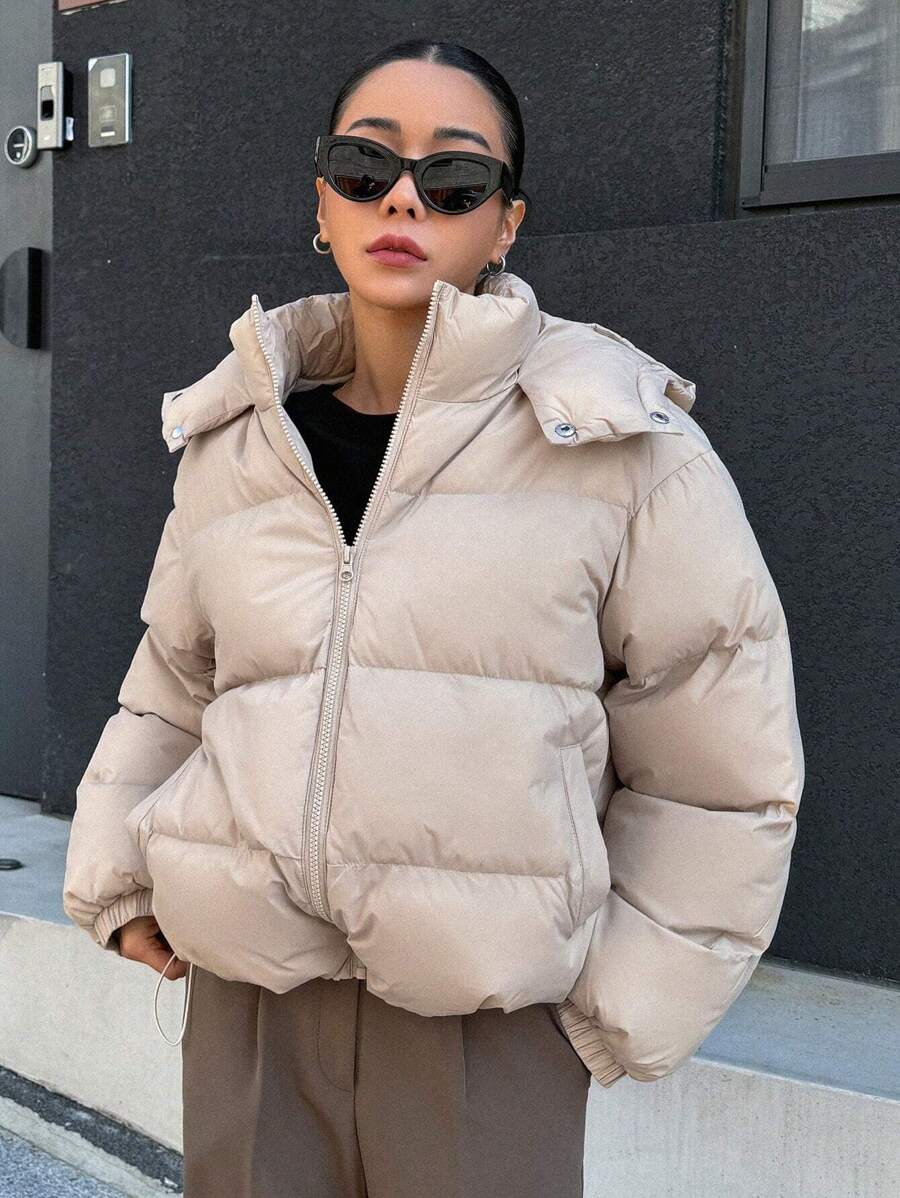 DAZY Women's Solid Color Long Sleeve Zipper Front Casual Hooded Winter Jacket