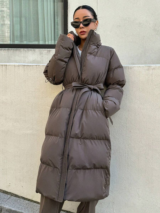 DAZY Women's Zippered Hooded Padded Coat With Belted Waist, Ladies Winter Casual Belted, Pocket, Zipper Regular Sleeve Hooded Regular Fit Mocha Brown Plain Women Padded Coats, Winter Warmth/ Winter Fashion ,Winter Women Clothes,Winter Coat Women