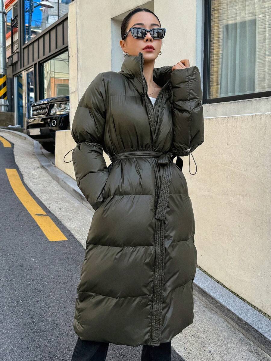 DAZY Women's Zippered Hooded Padded Coat With Belted Waist, Ladies Winter Casual Belted, Pocket, Zipper Regular Sleeve Hooded Regular Fit Mocha Brown Plain Women Padded Coats, Winter Warmth/ Winter Fashion ,Winter Women Clothes,Winter Coat Women