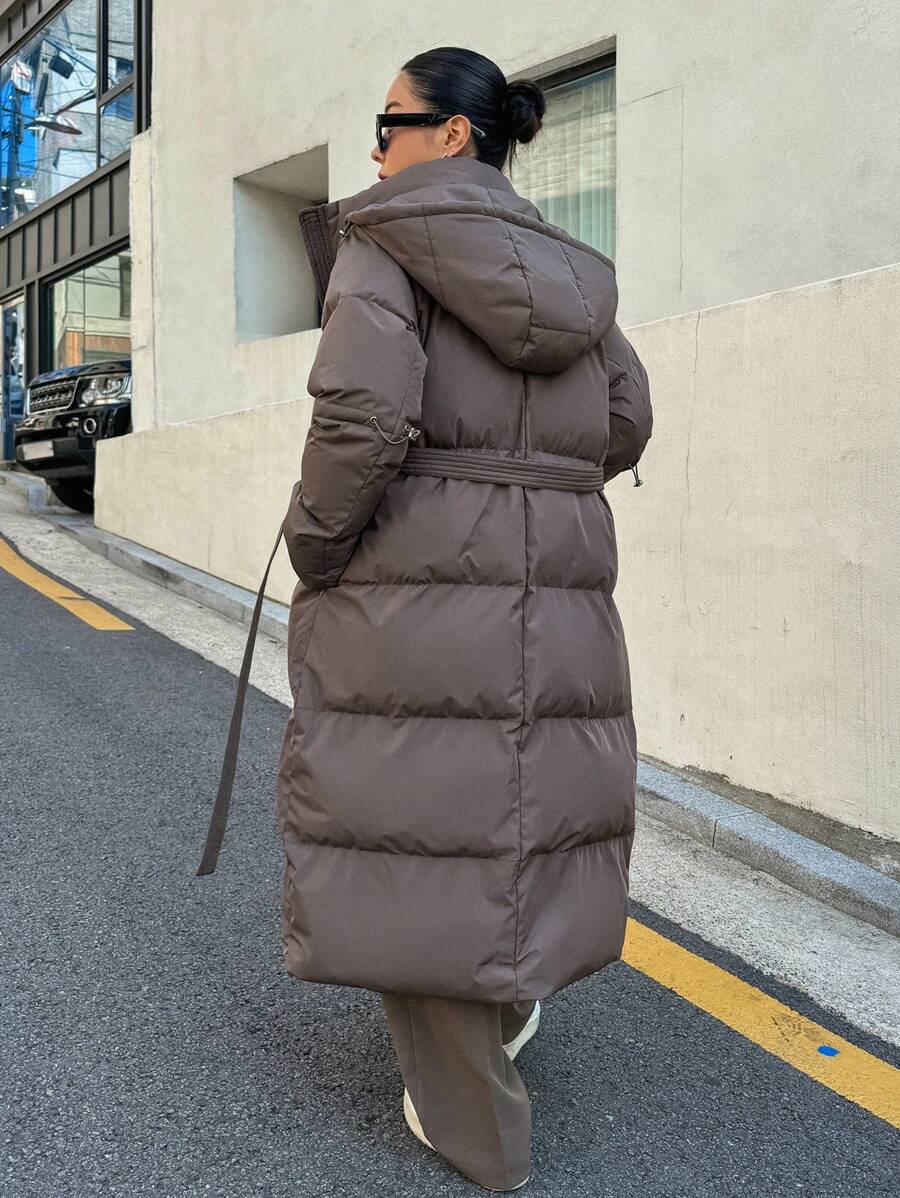 DAZY Women's Zippered Hooded Padded Coat With Belted Waist, Ladies Winter Casual Belted, Pocket, Zipper Regular Sleeve Hooded Regular Fit Mocha Brown Plain Women Padded Coats, Winter Warmth/ Winter Fashion ,Winter Women Clothes,Winter Coat Women