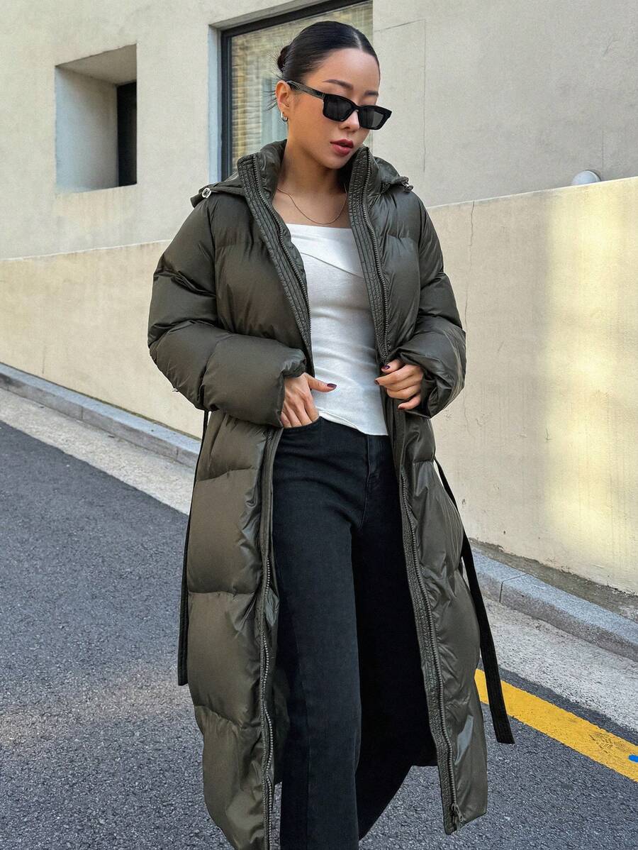 DAZY Women's Zippered Hooded Padded Coat With Belted Waist, Ladies Winter Casual Belted, Pocket, Zipper Regular Sleeve Hooded Regular Fit Mocha Brown Plain Women Padded Coats, Winter Warmth/ Winter Fashion ,Winter Women Clothes,Winter Coat Women