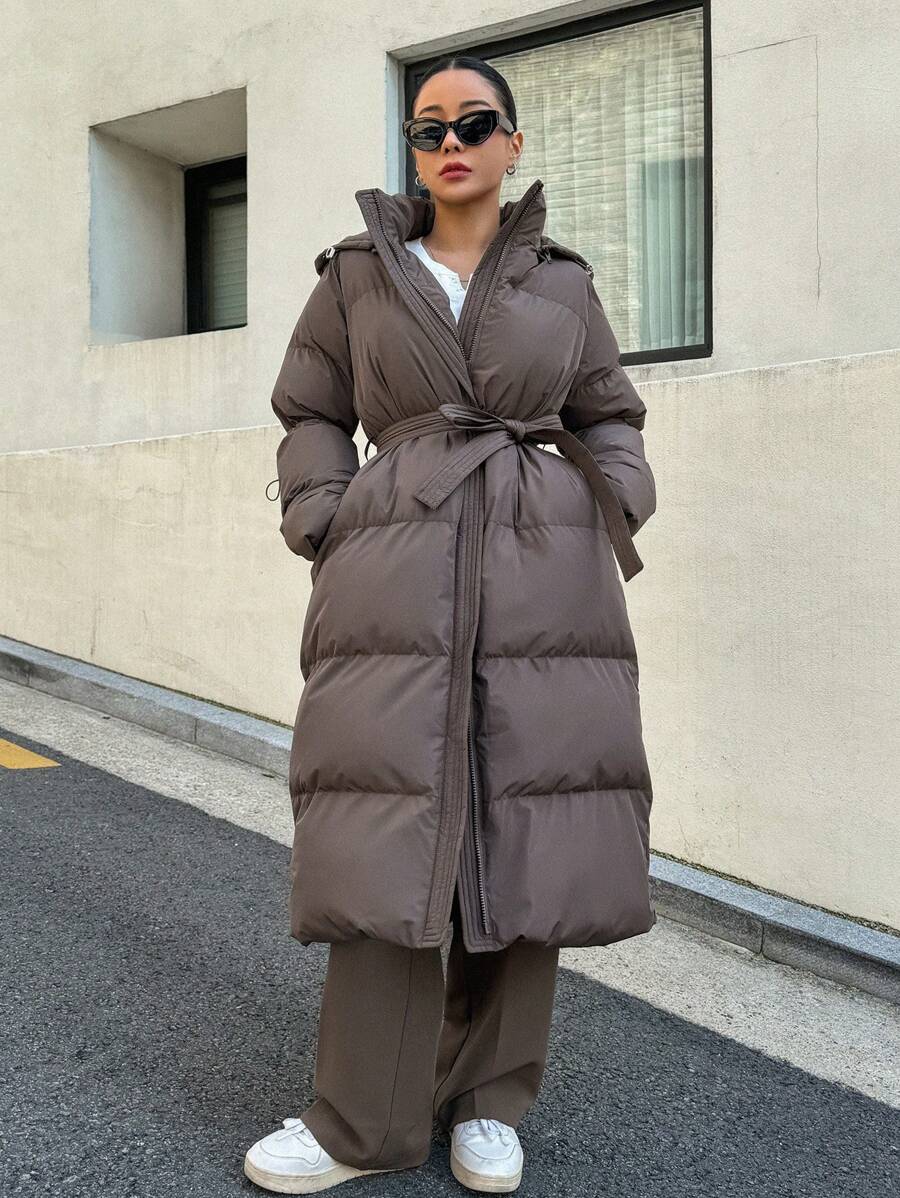 DAZY Women's Zippered Hooded Padded Coat With Belted Waist, Ladies Winter Casual Belted, Pocket, Zipper Regular Sleeve Hooded Regular Fit Mocha Brown Plain Women Padded Coats, Winter Warmth/ Winter Fashion ,Winter Women Clothes,Winter Coat Women