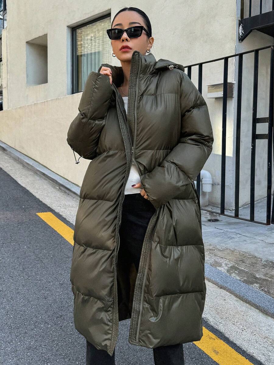 DAZY Women's Zippered Hooded Padded Coat With Belted Waist, Ladies Winter Casual Belted, Pocket, Zipper Regular Sleeve Hooded Regular Fit Mocha Brown Plain Women Padded Coats, Winter Warmth/ Winter Fashion ,Winter Women Clothes,Winter Coat Women