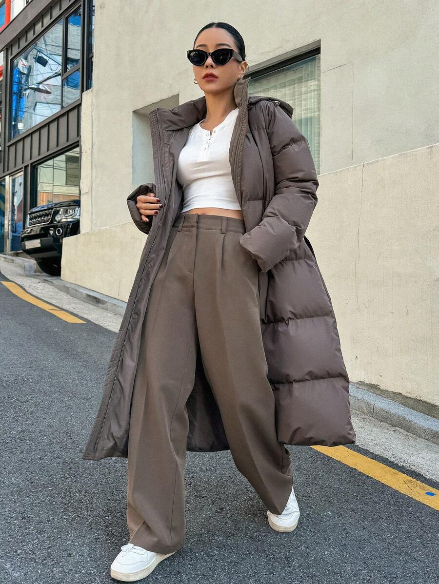 DAZY Women's Zippered Hooded Padded Coat With Belted Waist, Ladies Winter Casual Belted, Pocket, Zipper Regular Sleeve Hooded Regular Fit Mocha Brown Plain Women Padded Coats, Winter Warmth/ Winter Fashion ,Winter Women Clothes,Winter Coat Women