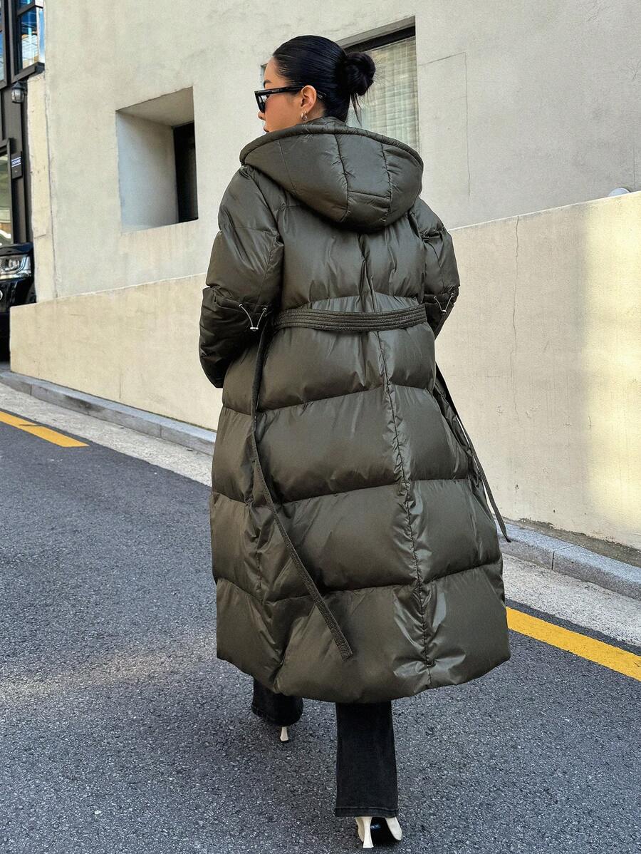 DAZY Women's Zippered Hooded Padded Coat With Belted Waist, Ladies Winter Casual Belted, Pocket, Zipper Regular Sleeve Hooded Regular Fit Mocha Brown Plain Women Padded Coats, Winter Warmth/ Winter Fashion ,Winter Women Clothes,Winter Coat Women