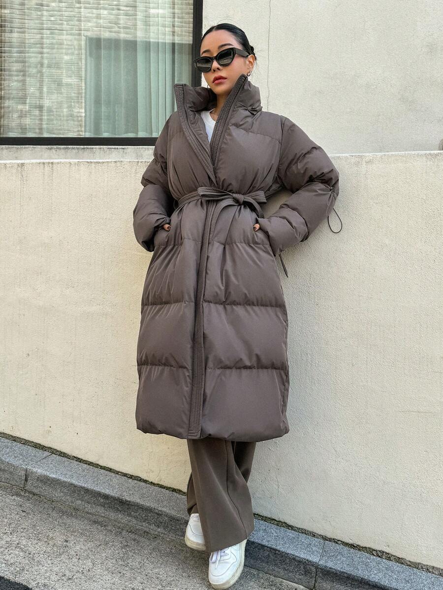 DAZY Women's Zippered Hooded Padded Coat With Belted Waist, Ladies Winter Casual Belted, Pocket, Zipper Regular Sleeve Hooded Regular Fit Mocha Brown Plain Women Padded Coats, Winter Warmth/ Winter Fashion ,Winter Women Clothes,Winter Coat Women