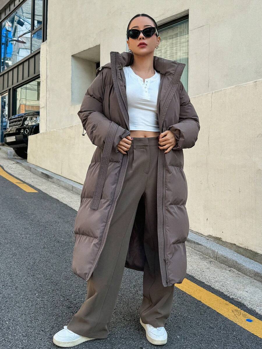 DAZY Women's Zippered Hooded Padded Coat With Belted Waist, Ladies Winter Casual Belted, Pocket, Zipper Regular Sleeve Hooded Regular Fit Mocha Brown Plain Women Padded Coats, Winter Warmth/ Winter Fashion ,Winter Women Clothes,Winter Coat Women