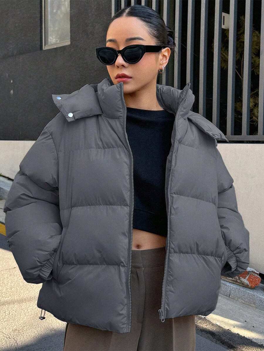 DAZY Women's Solid Color Long Sleeve Zipper Front Casual Hooded Winter Jacket