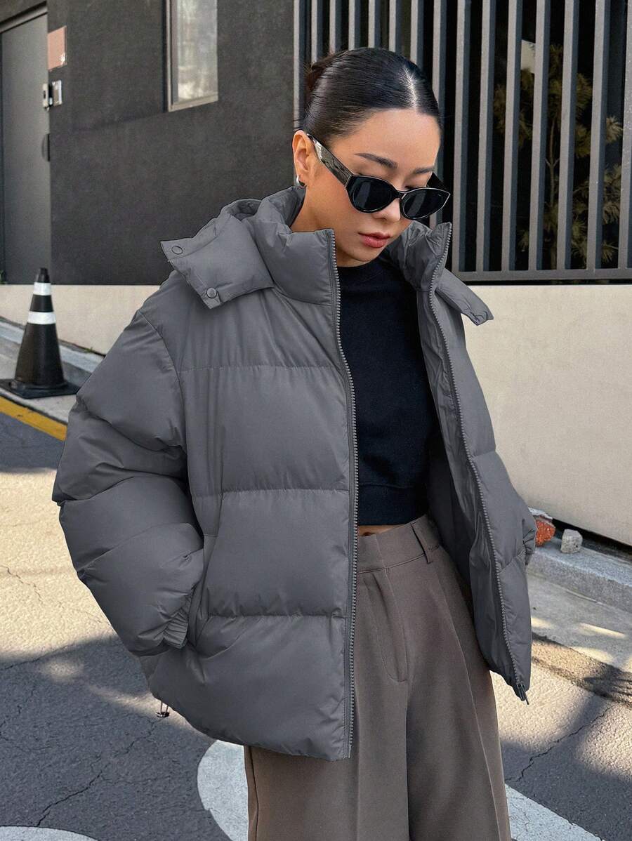 DAZY Women's Solid Color Long Sleeve Zipper Front Casual Hooded Winter Jacket