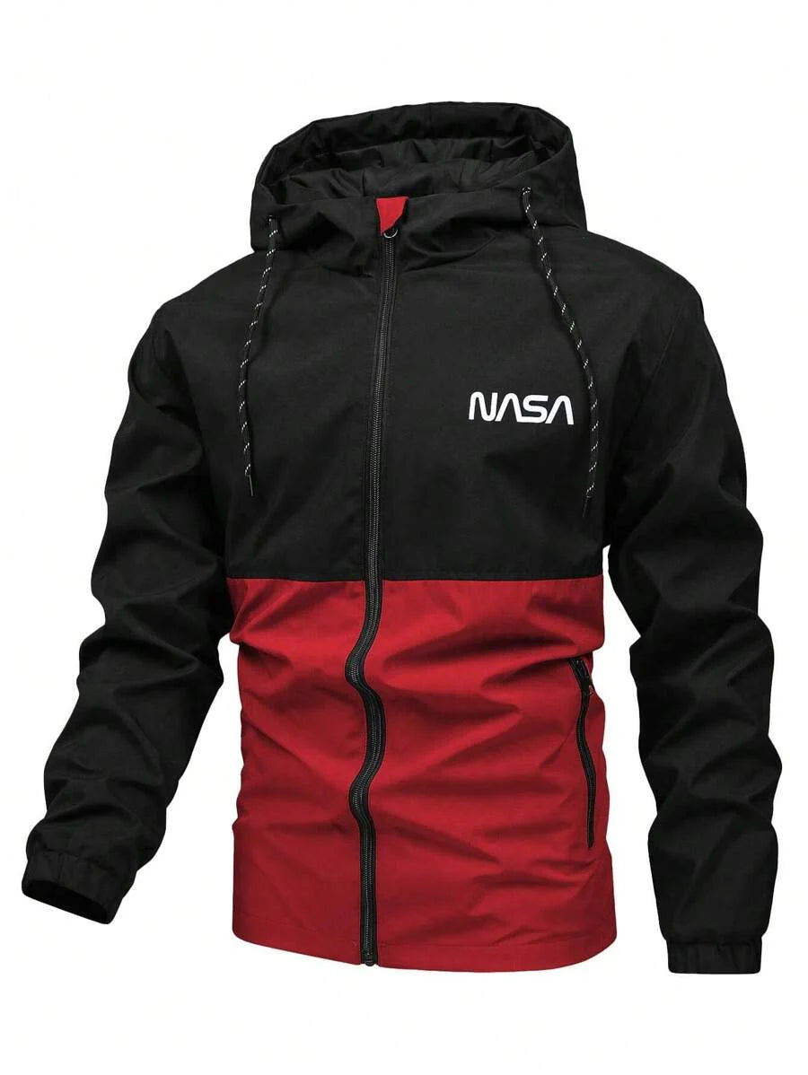 Manfinity Homme Loose Fit Men's Two Tone Letter Graphic Drawstring Hooded Outdoor Windbreaker Jacket, For Fall