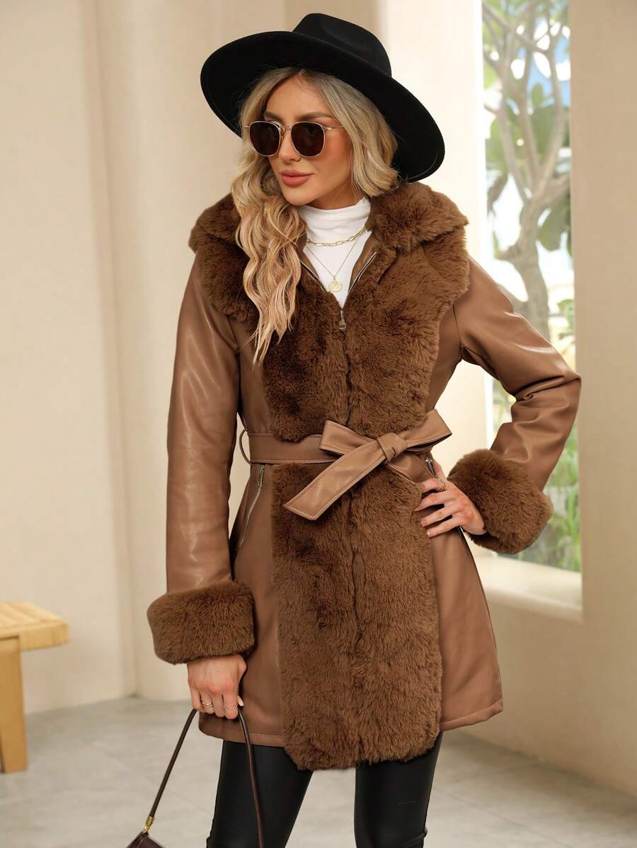 Giolshon Women's PU Jacket With Faux Fur And Belt - Perfect For Fall And Winter, And Stylish With Waist Tie For Casual Or Work Commute
