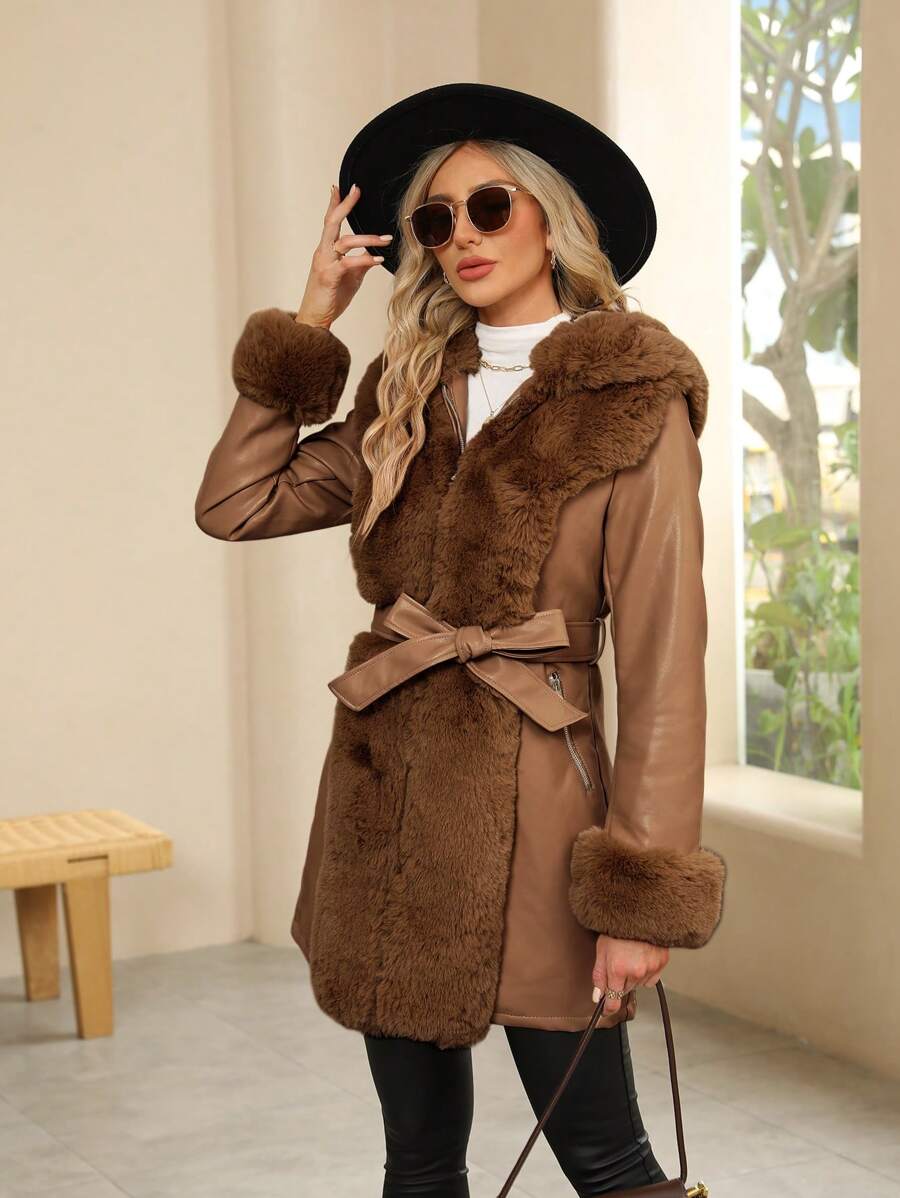 Giolshon Women's PU Jacket With Faux Fur And Belt - Perfect For Fall And Winter, And Stylish With Waist Tie For Casual Or Work Commute